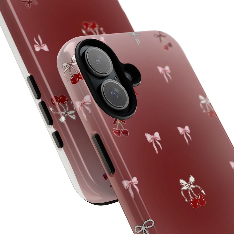 Cherry Bow Phone Case — Cute Red Gradient Protective Cover