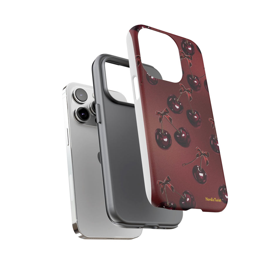 Cherry Pattern Tough Phone Case — Retro Dark Red Cherry iPhone Cover