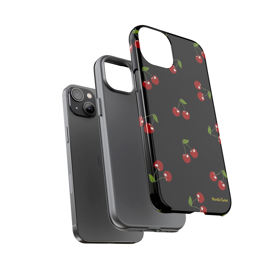 Cherry Pattern Tough Phone Case — Black Retro Cherry iPhone Cover