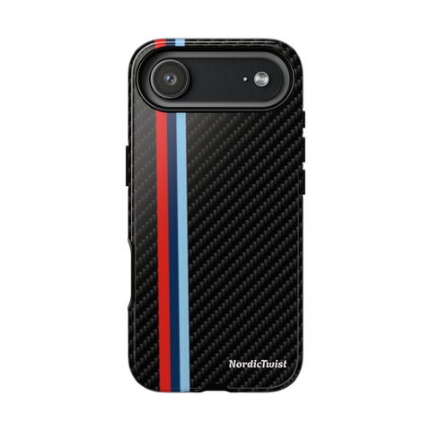 Carbon Fiber Stripe Phone Case — Tough Rugged Protection with Red & Blue Racing Stripe