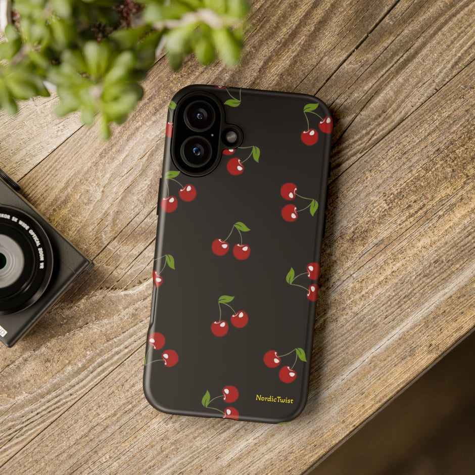 Cherry Pattern Tough Phone Case — Black Retro Cherry iPhone Cover
