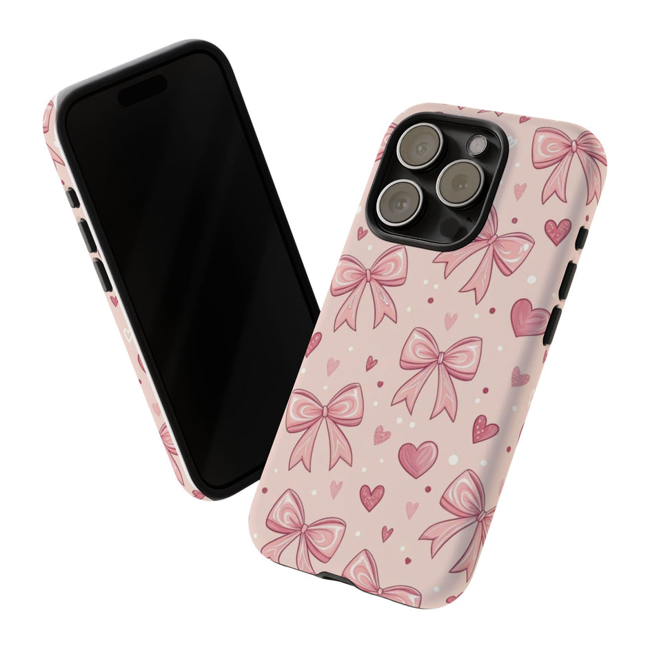 Pink Bow & Hearts Tough Phone Case — Cute Floral Ribbon iPhone Cover