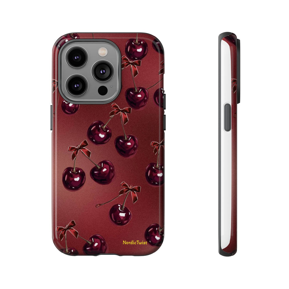 Cherry Pattern Tough Phone Case — Retro Dark Red Cherry iPhone Cover