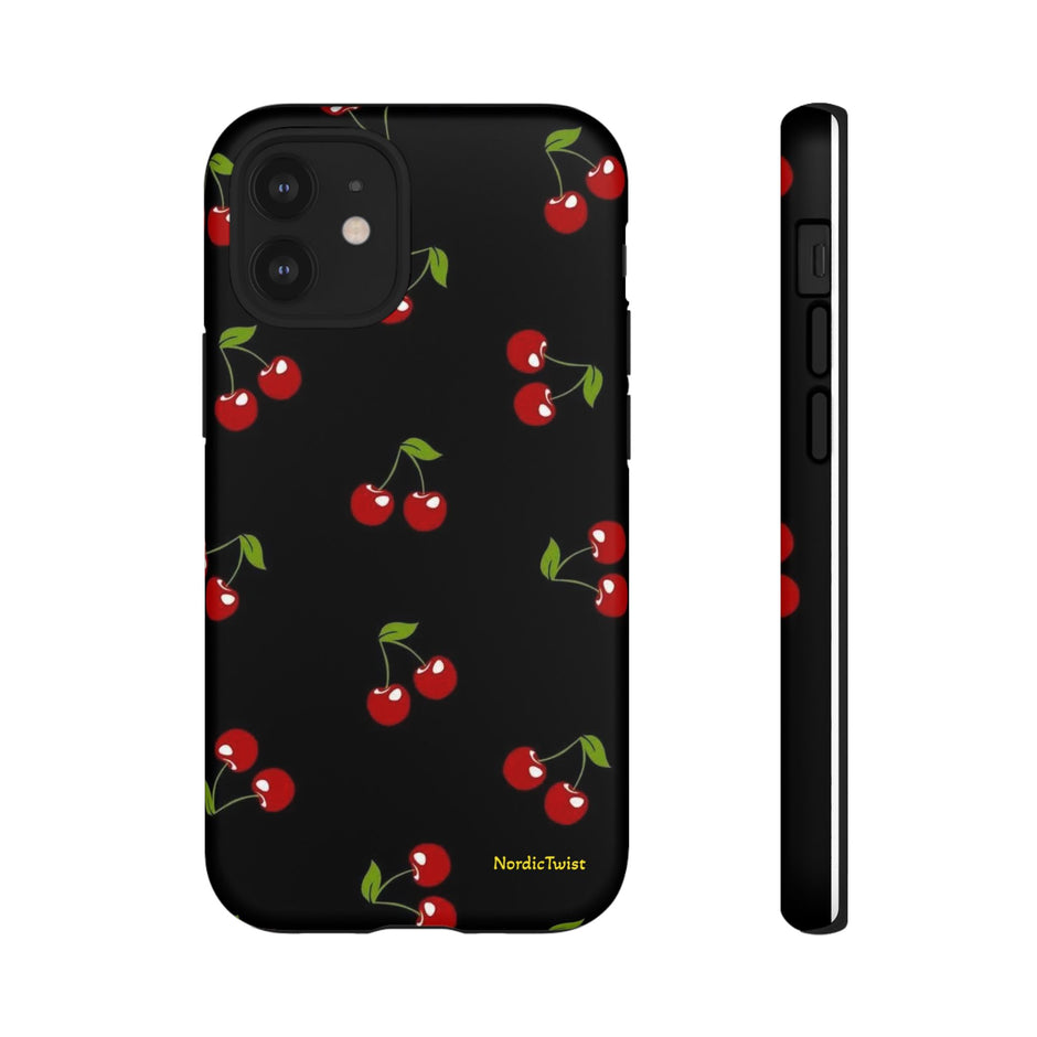 Cherry Pattern Tough Phone Case — Black Retro Cherry iPhone Cover