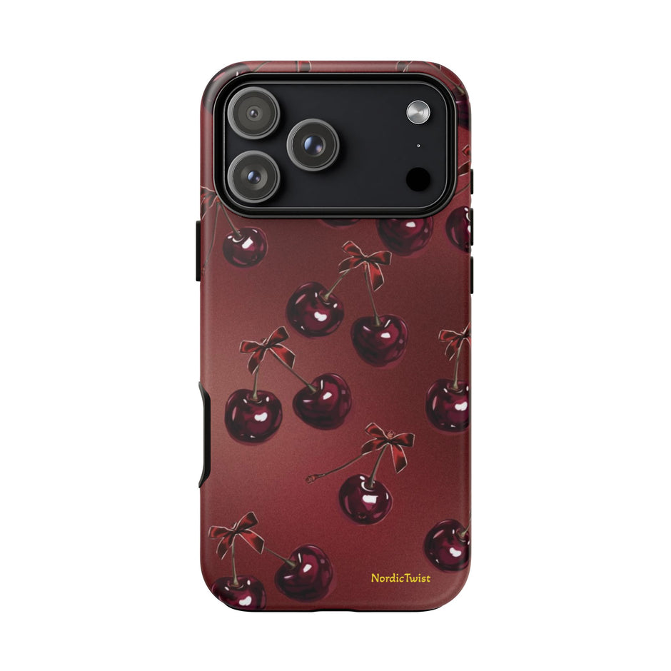 Cherry Pattern Tough Phone Case — Retro Dark Red Cherry iPhone Cover