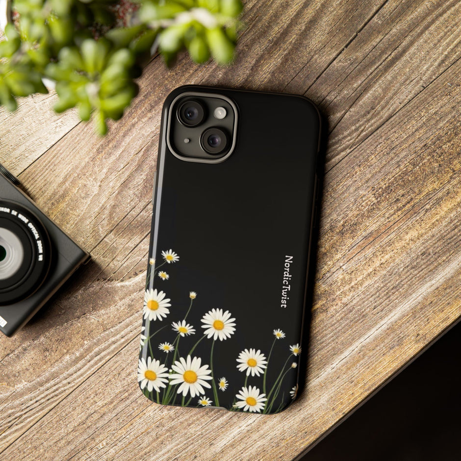 Daisy Floral Tough Phone Case – Protective Black Phone Cover with White Daisies