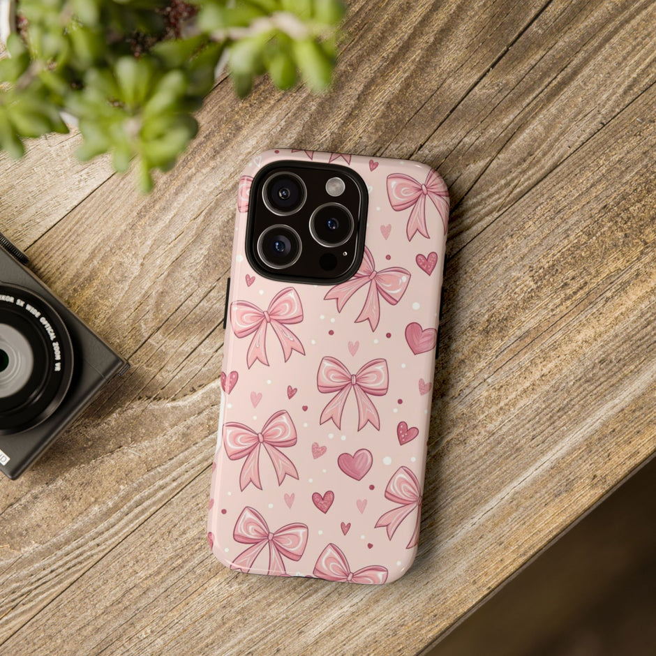 Pink Bow & Hearts Tough Phone Case — Cute Floral Ribbon iPhone Cover