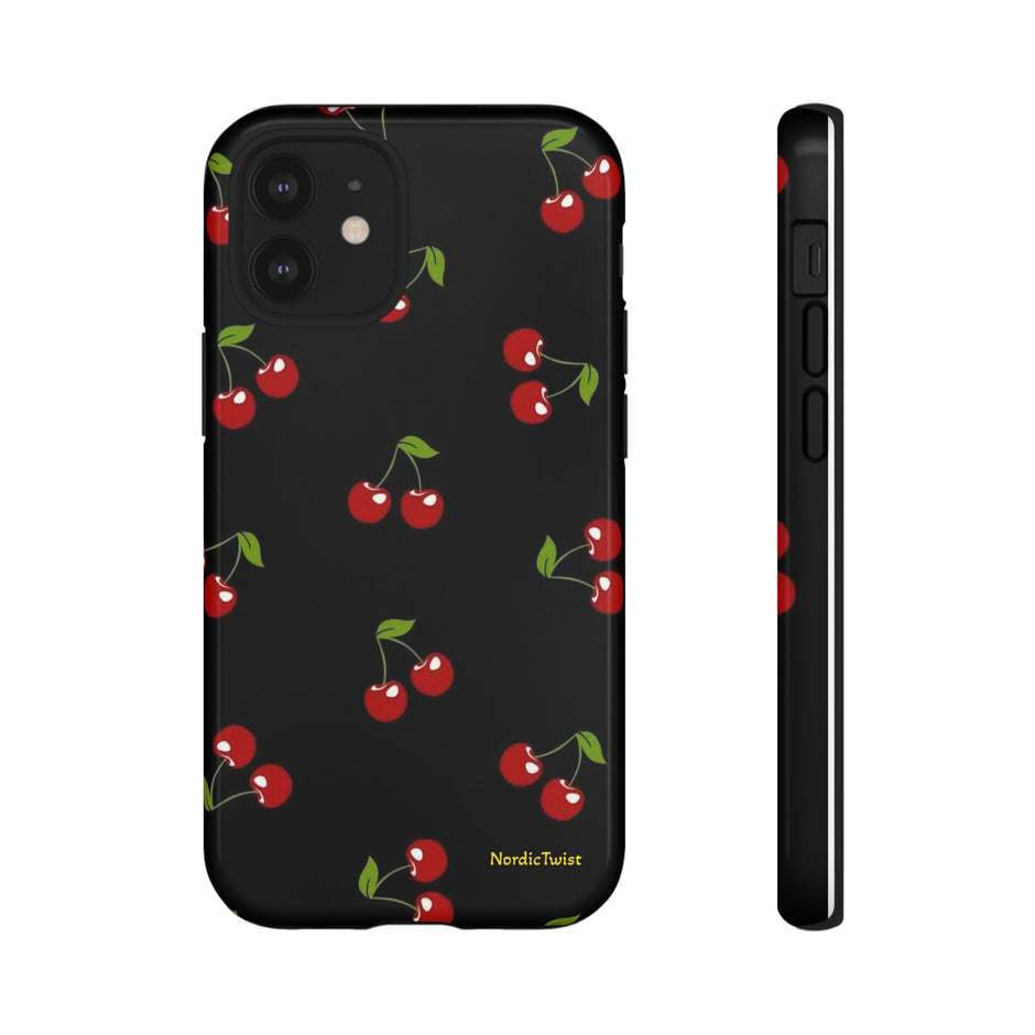 Cherry Pattern Tough Phone Case — Black Retro Cherry iPhone Cover