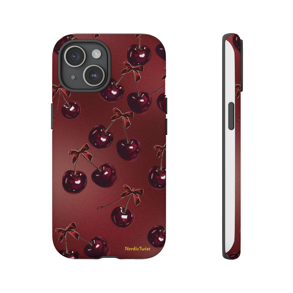 Cherry Pattern Tough Phone Case — Retro Dark Red Cherry iPhone Cover