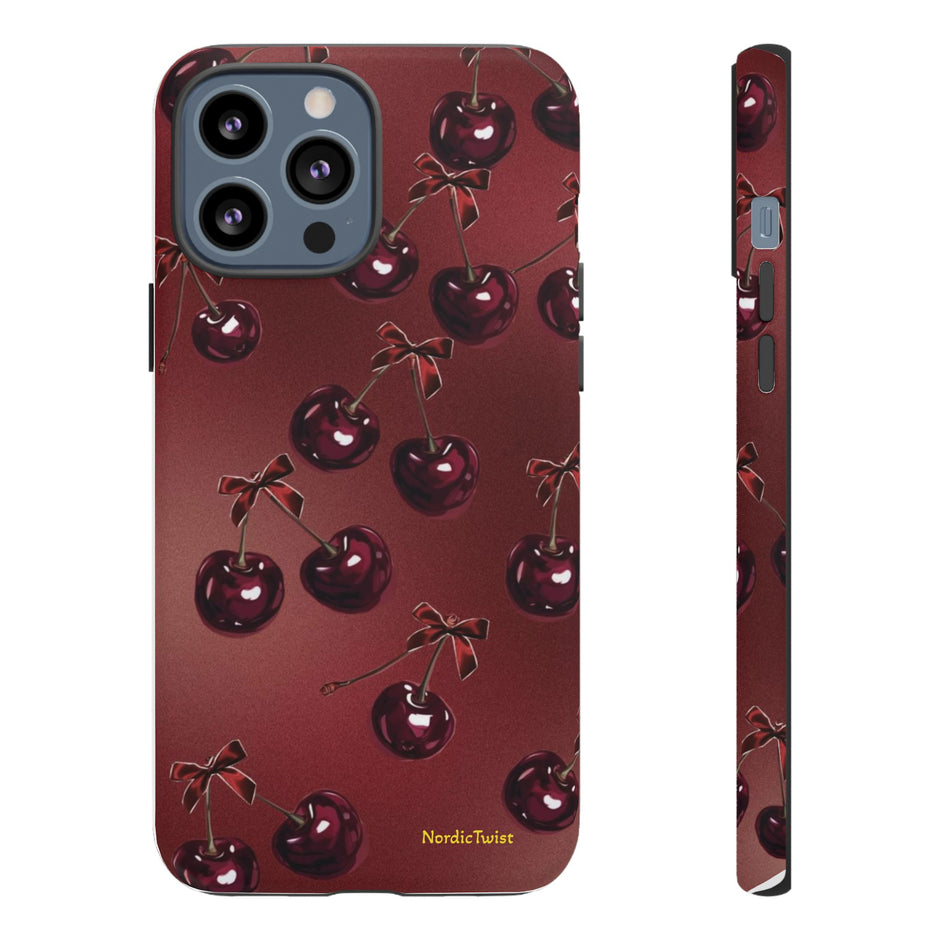 Cherry Pattern Tough Phone Case — Retro Dark Red Cherry iPhone Cover
