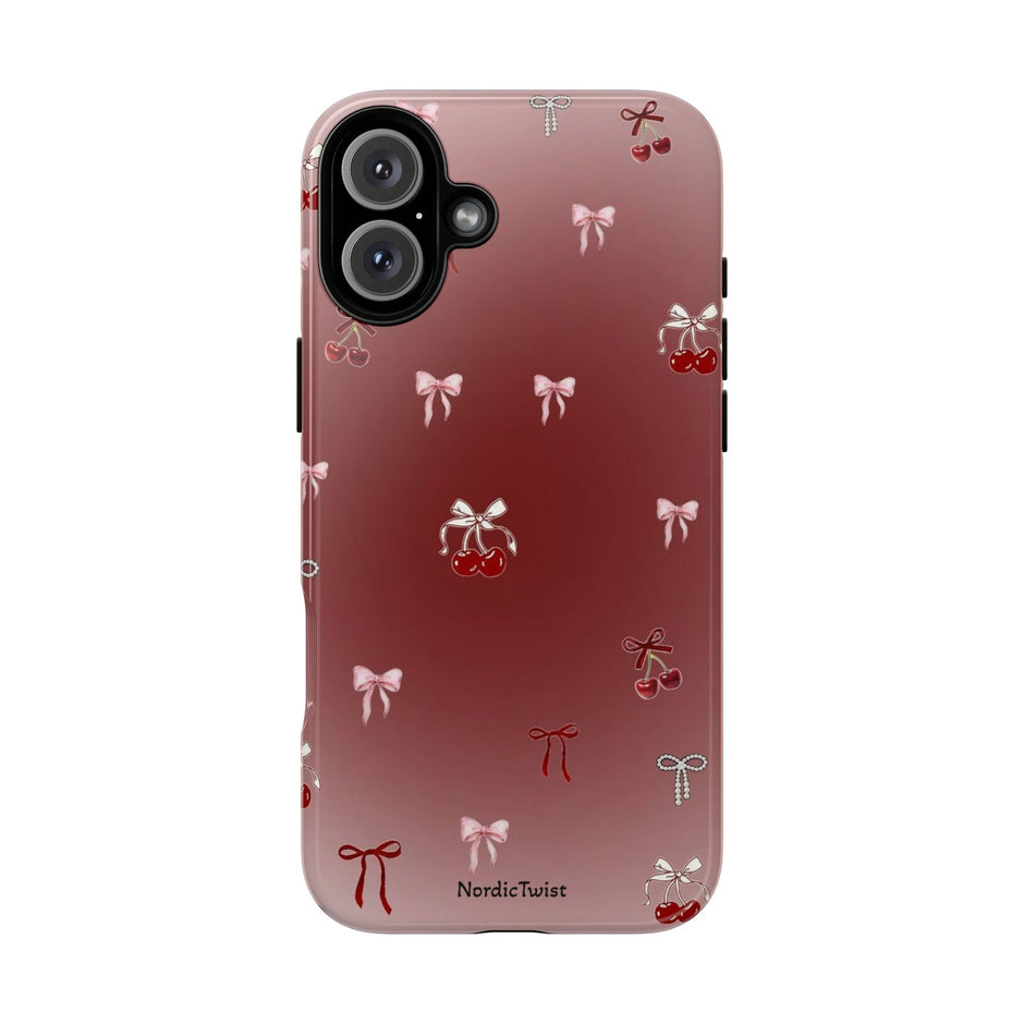 Cherry Bow Phone Case — Cute Red Gradient Protective Cover