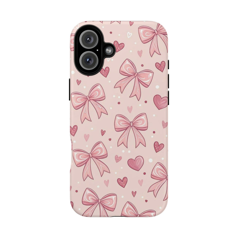Pink Bow & Hearts Tough Phone Case — Cute Floral Ribbon iPhone Cover