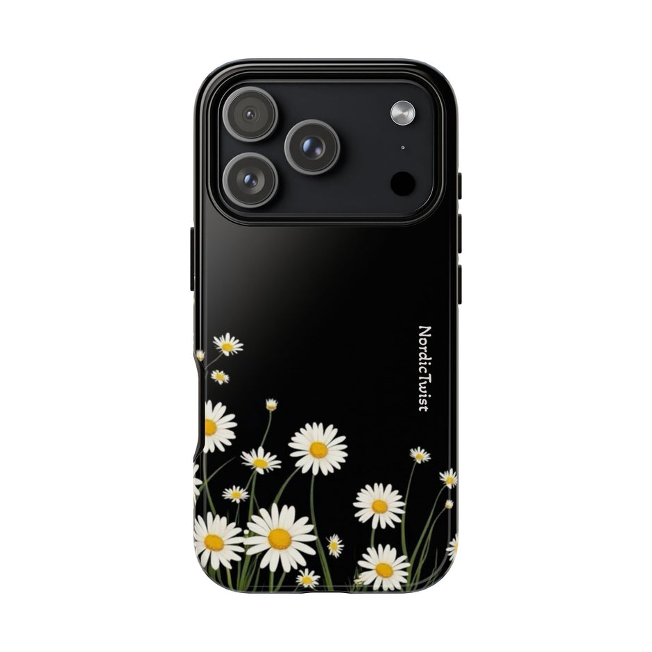 Daisy Floral Tough Phone Case – Protective Black Phone Cover with White Daisies