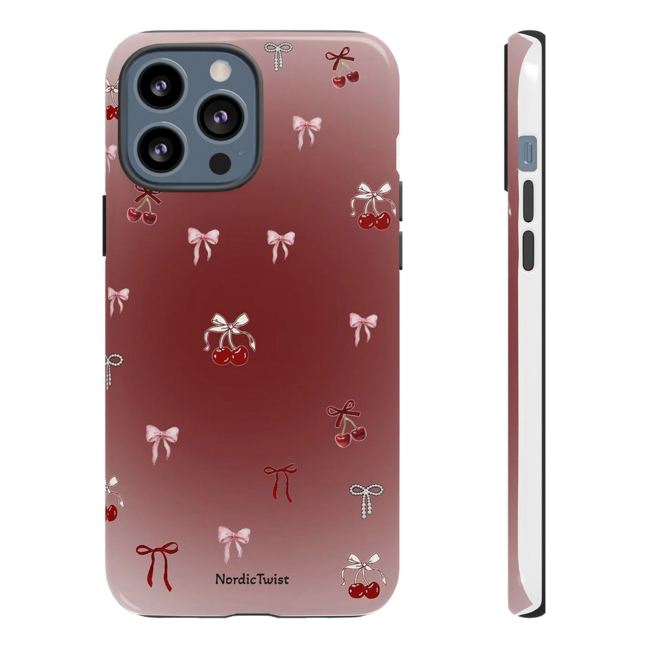 Cherry Bow Phone Case — Cute Red Gradient Protective Cover