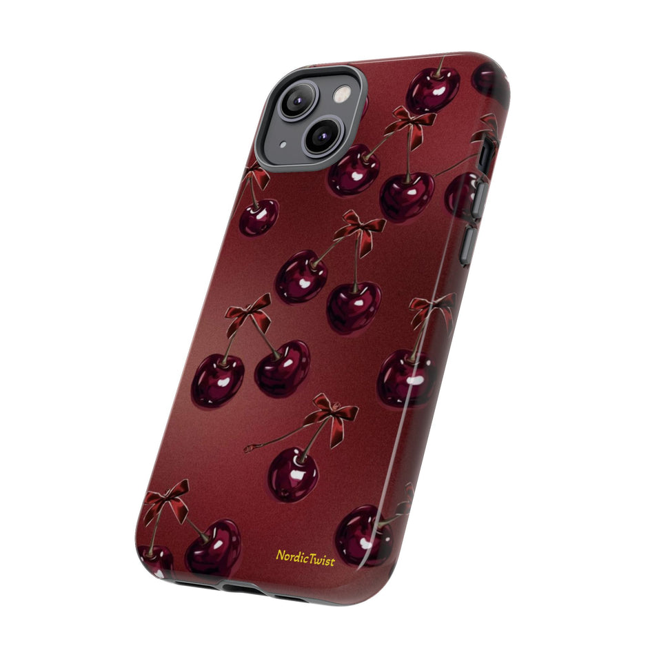 Cherry Pattern Tough Phone Case — Retro Dark Red Cherry iPhone Cover