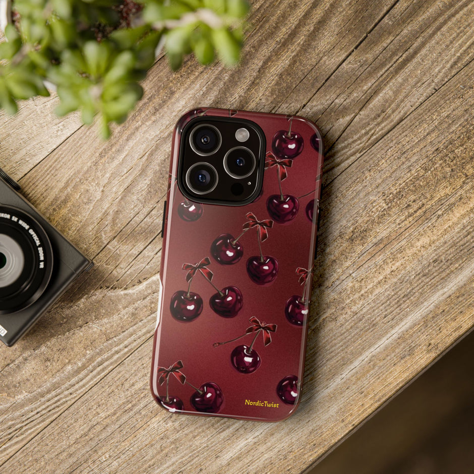 Cherry Pattern Tough Phone Case — Retro Dark Red Cherry iPhone Cover
