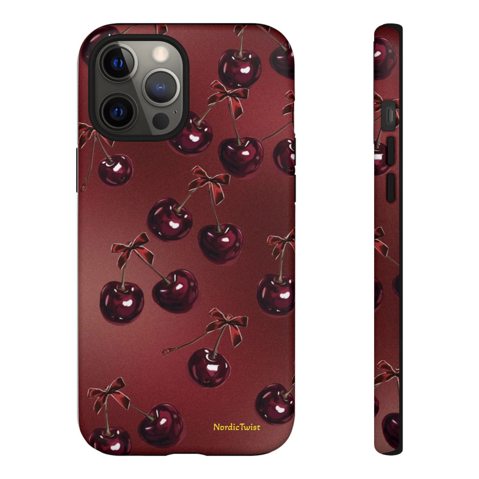 Cherry Pattern Tough Phone Case — Retro Dark Red Cherry iPhone Cover