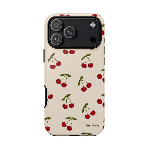 Cherry Pattern Tough Phone Case — Retro Red Cherries on Cream