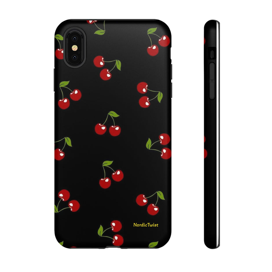 Cherry Pattern Tough Phone Case — Black Retro Cherry iPhone Cover