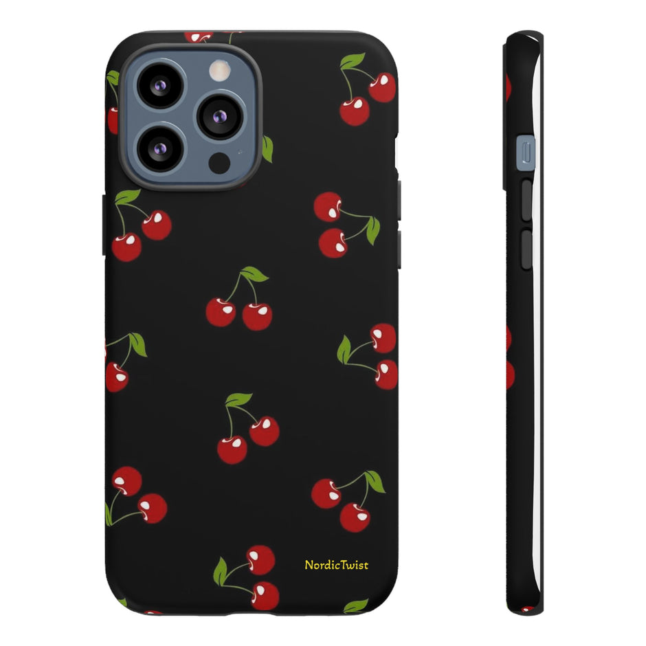 Cherry Pattern Tough Phone Case — Black Retro Cherry iPhone Cover