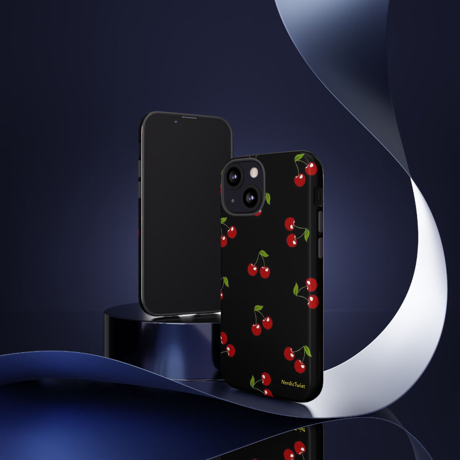 Cherry Pattern Tough Phone Case — Black Retro Cherry iPhone Cover