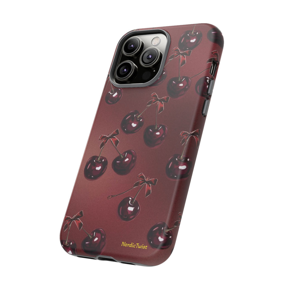 Cherry Pattern Tough Phone Case — Retro Dark Red Cherry iPhone Cover