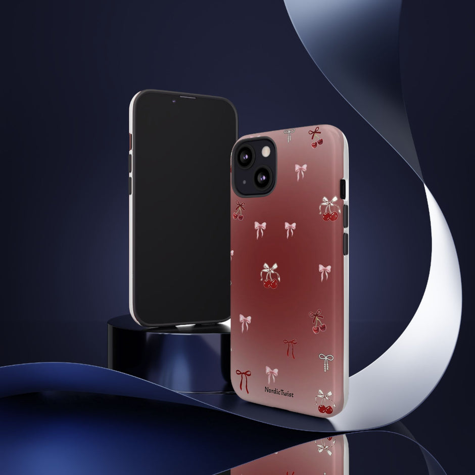 Cherry Bow Phone Case — Cute Red Gradient Protective Cover