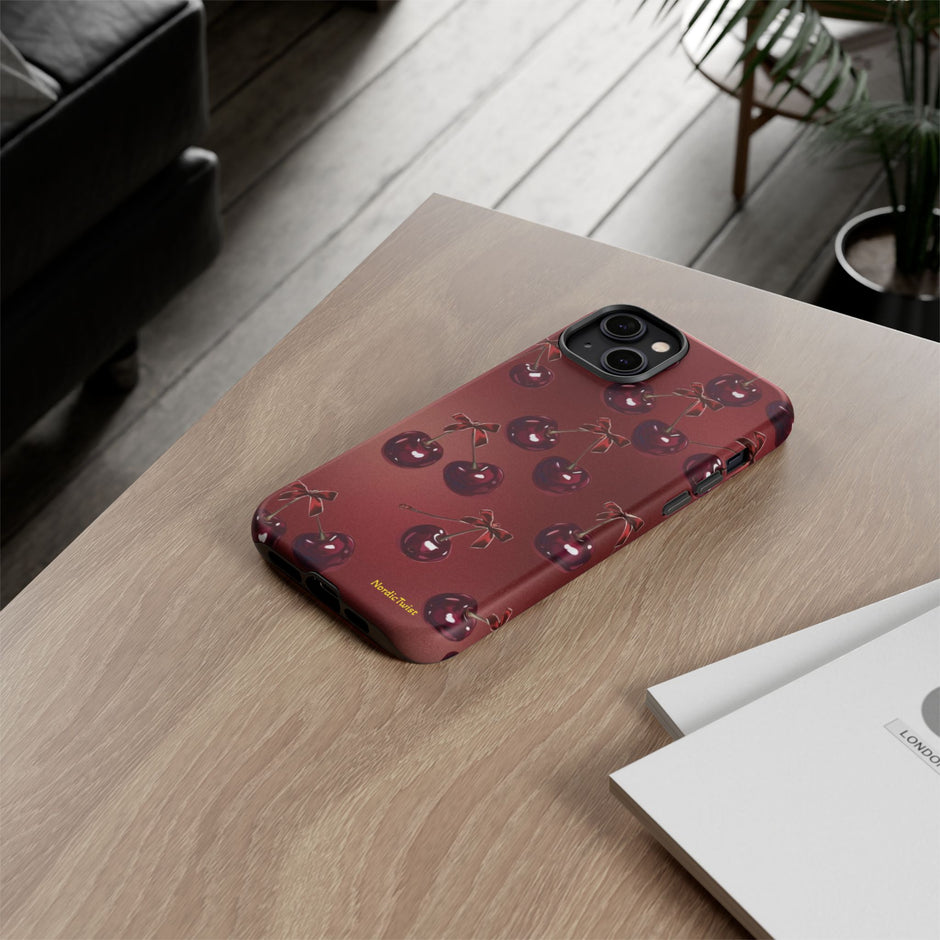 Cherry Pattern Tough Phone Case — Retro Dark Red Cherry iPhone Cover