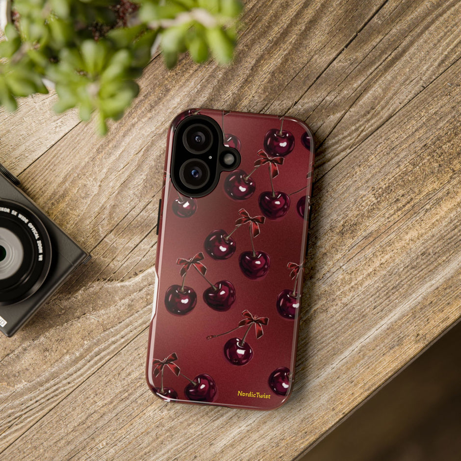 Cherry Pattern Tough Phone Case — Retro Dark Red Cherry iPhone Cover