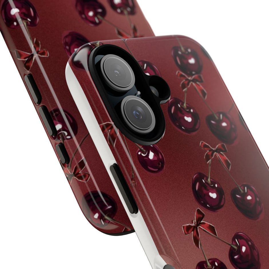 Cherry Pattern Tough Phone Case — Retro Dark Red Cherry iPhone Cover