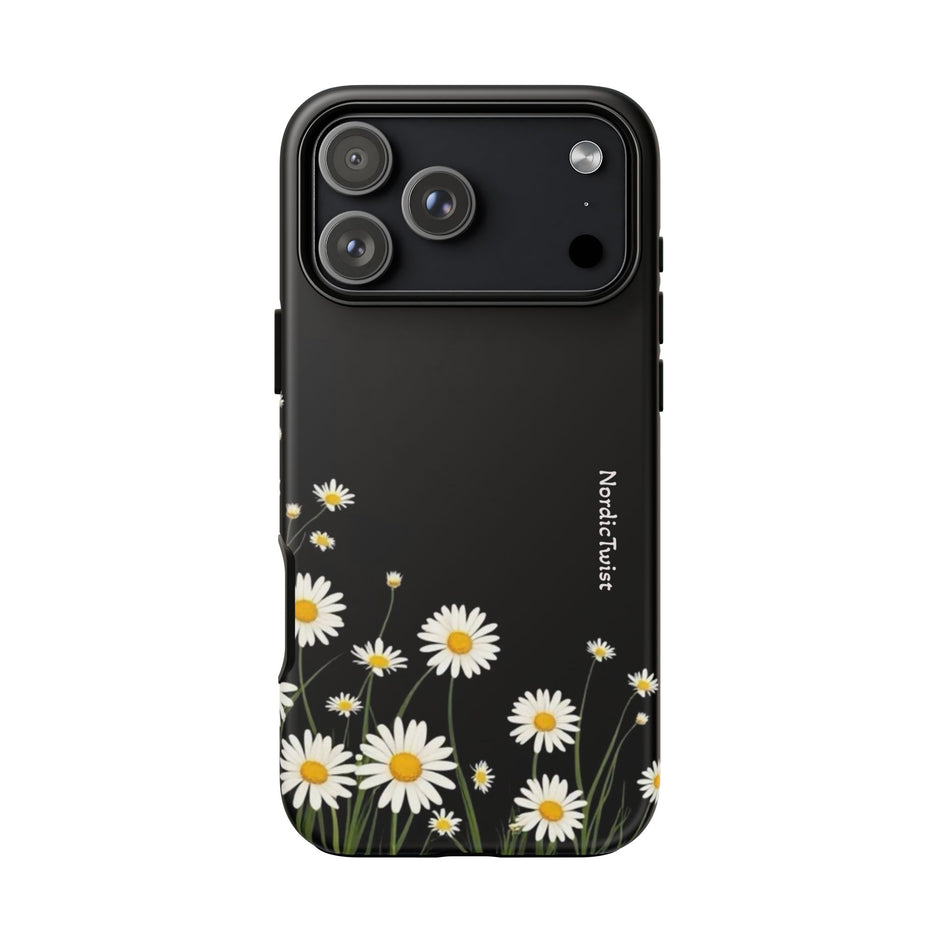 Daisy Floral Tough Phone Case – Protective Black Phone Cover with White Daisies