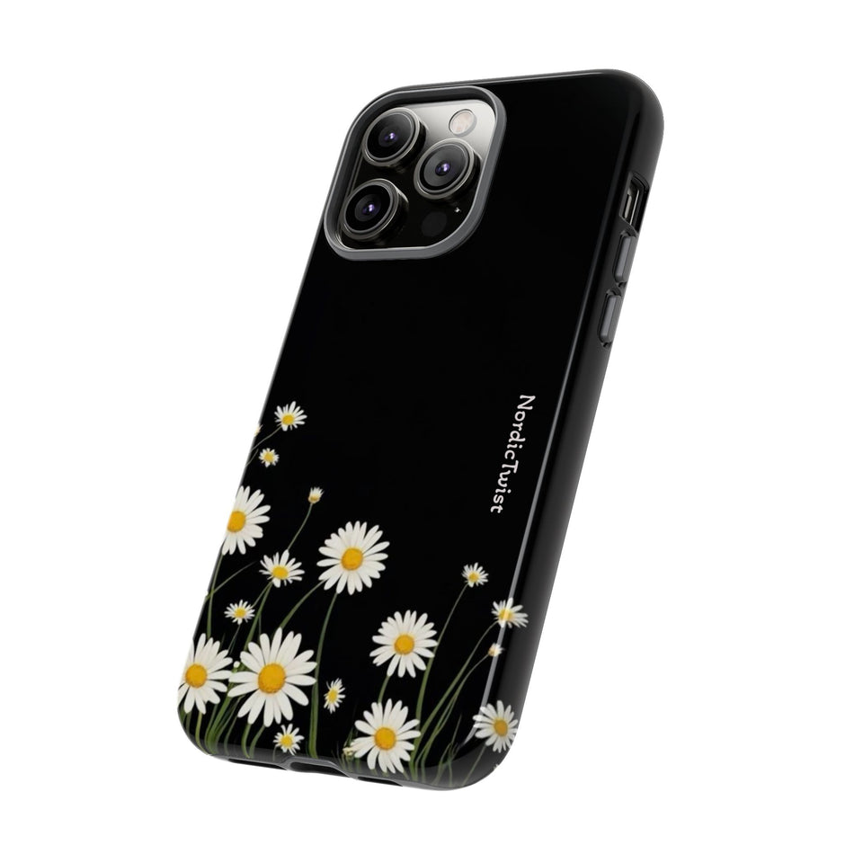 Daisy Floral Tough Phone Case – Protective Black Phone Cover with White Daisies