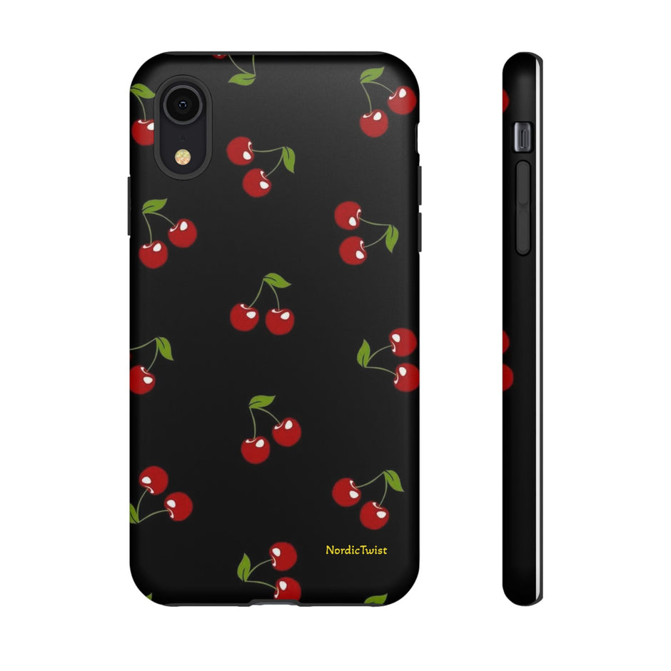 Cherry Pattern Tough Phone Case — Black Retro Cherry iPhone Cover