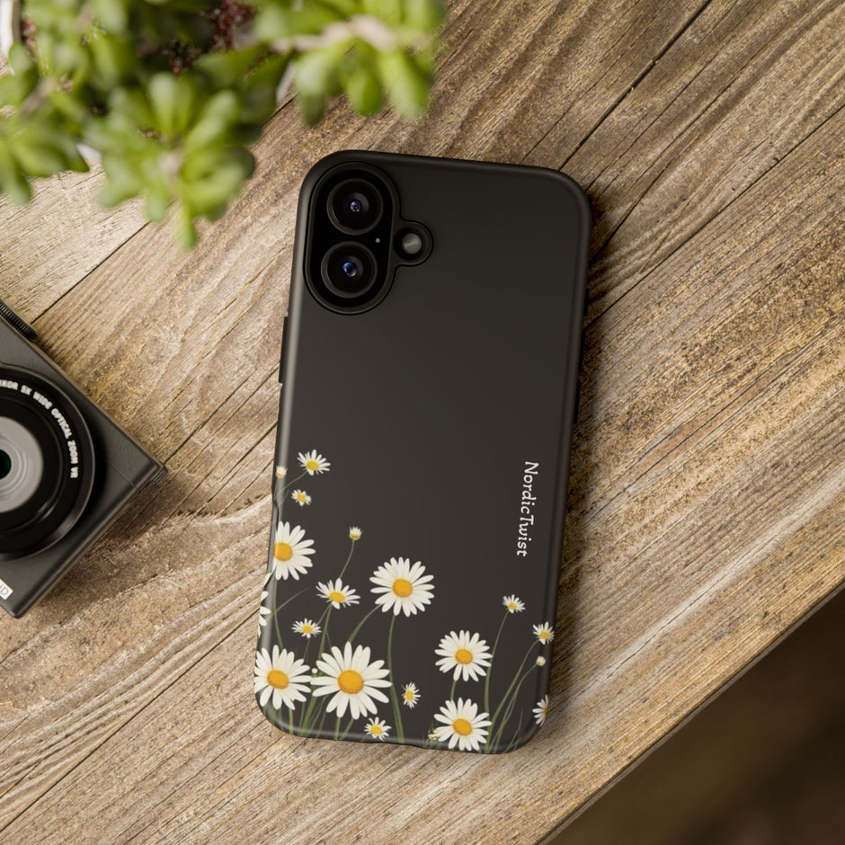 Daisy Floral Tough Phone Case – Protective Black Phone Cover with White Daisies
