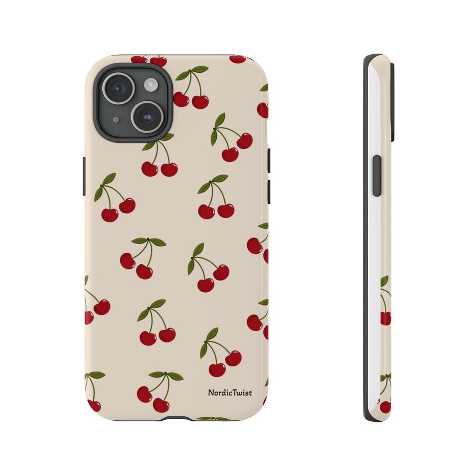 Cherry Pattern Tough Phone Case — Retro Red Cherries on Cream