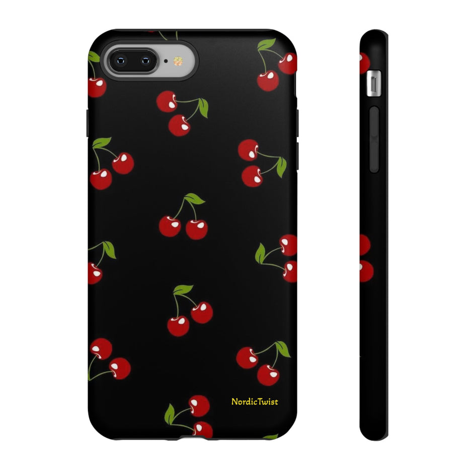 Cherry Pattern Tough Phone Case — Black Retro Cherry iPhone Cover