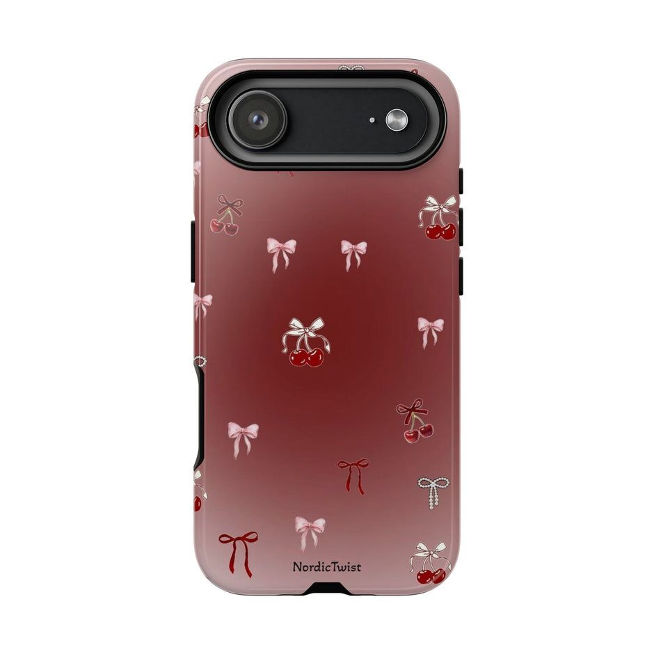 Cherry Bow Phone Case — Cute Red Gradient Protective Cover