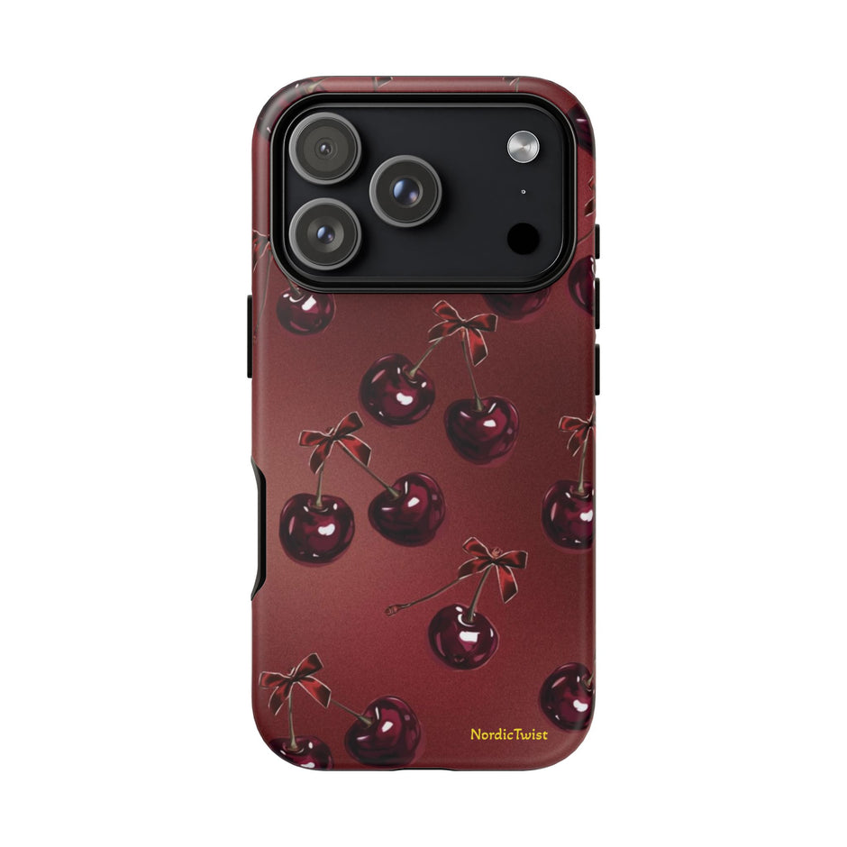 Cherry Pattern Tough Phone Case — Retro Dark Red Cherry iPhone Cover