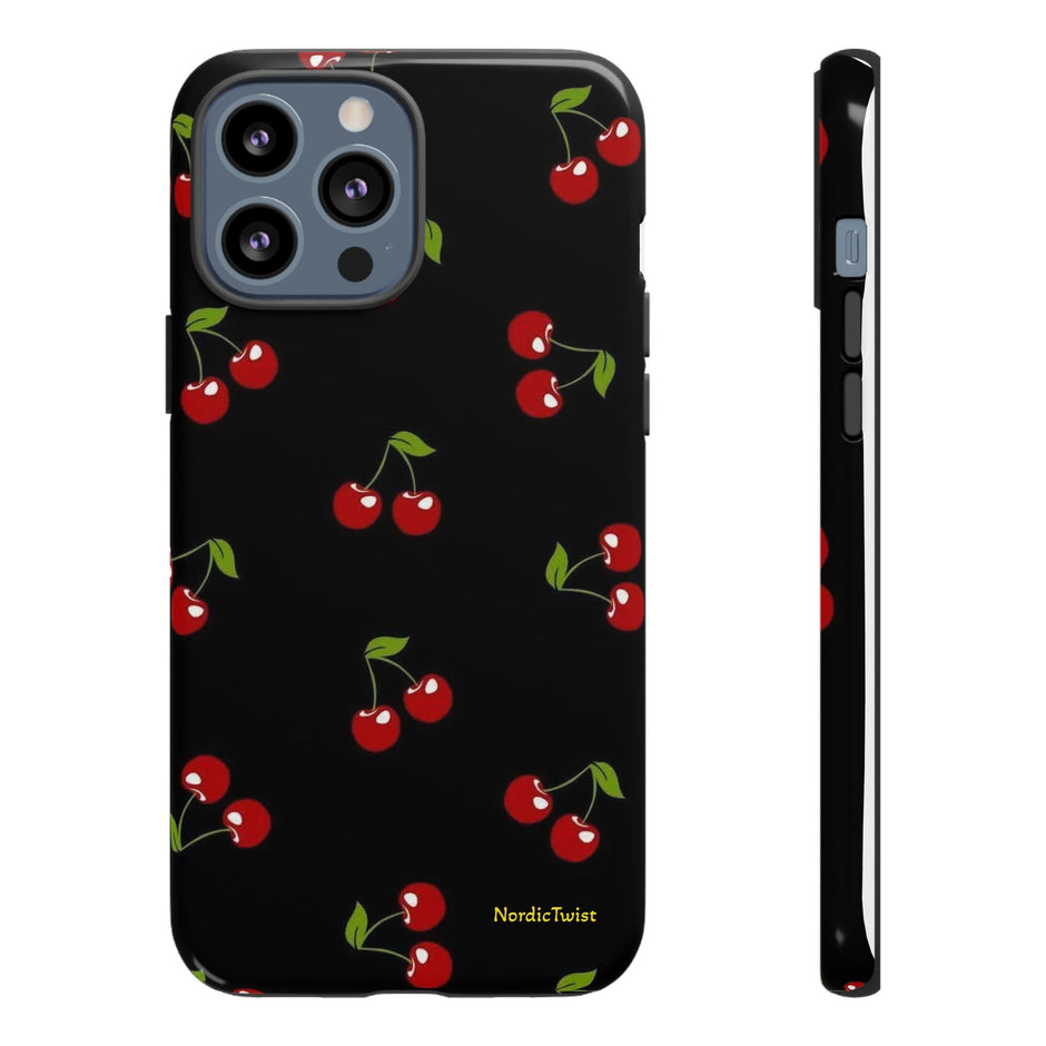 Cherry Pattern Tough Phone Case — Black Retro Cherry iPhone Cover