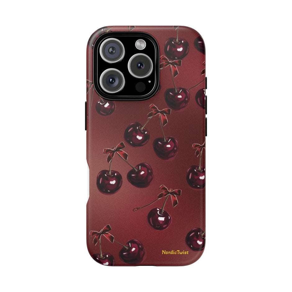 Cherry Pattern Tough Phone Case — Retro Dark Red Cherry iPhone Cover