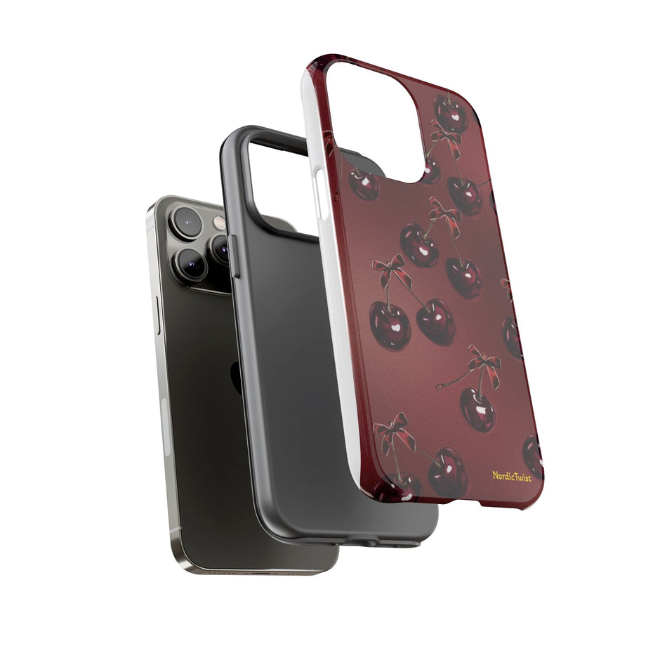 Cherry Pattern Tough Phone Case — Retro Dark Red Cherry iPhone Cover