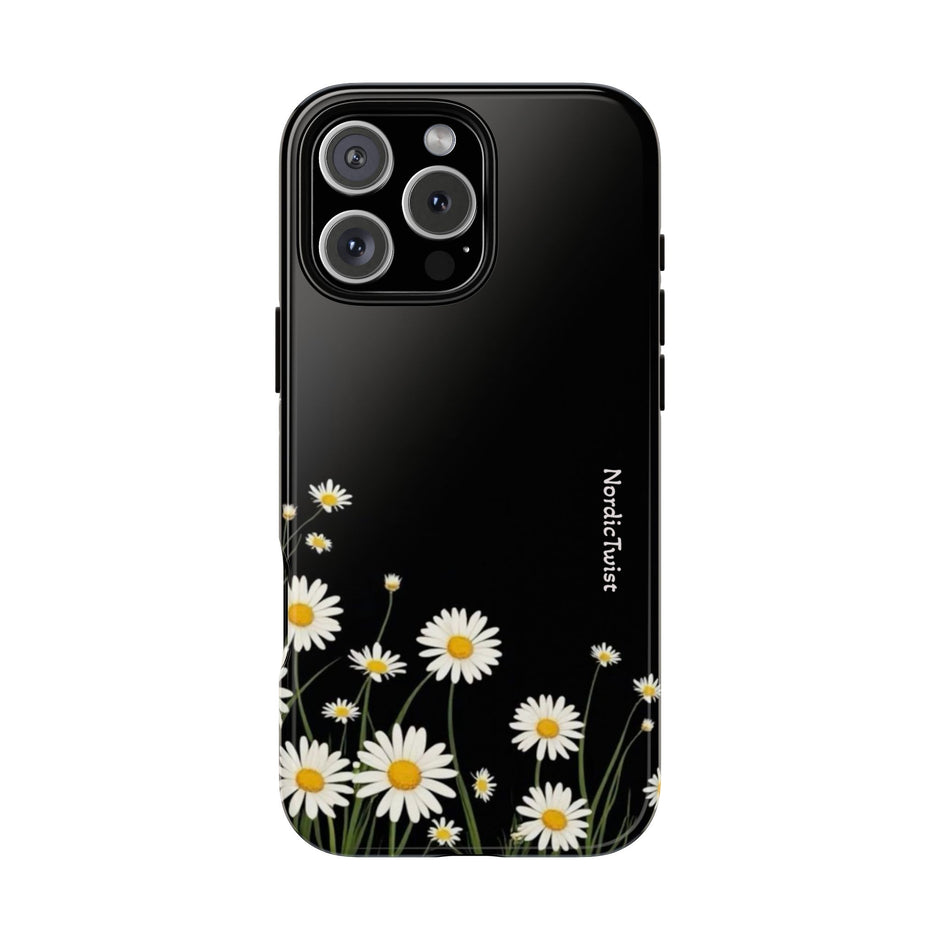 Daisy Floral Tough Phone Case – Protective Black Phone Cover with White Daisies