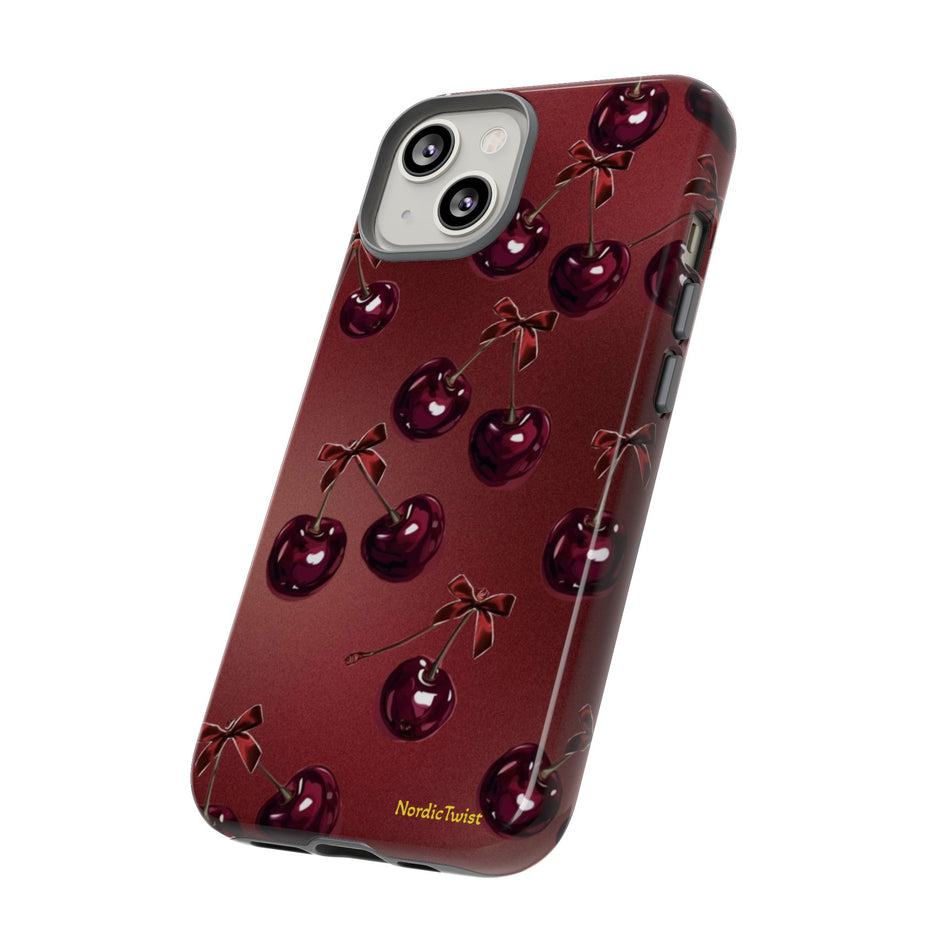Cherry Pattern Tough Phone Case — Retro Dark Red Cherry iPhone Cover