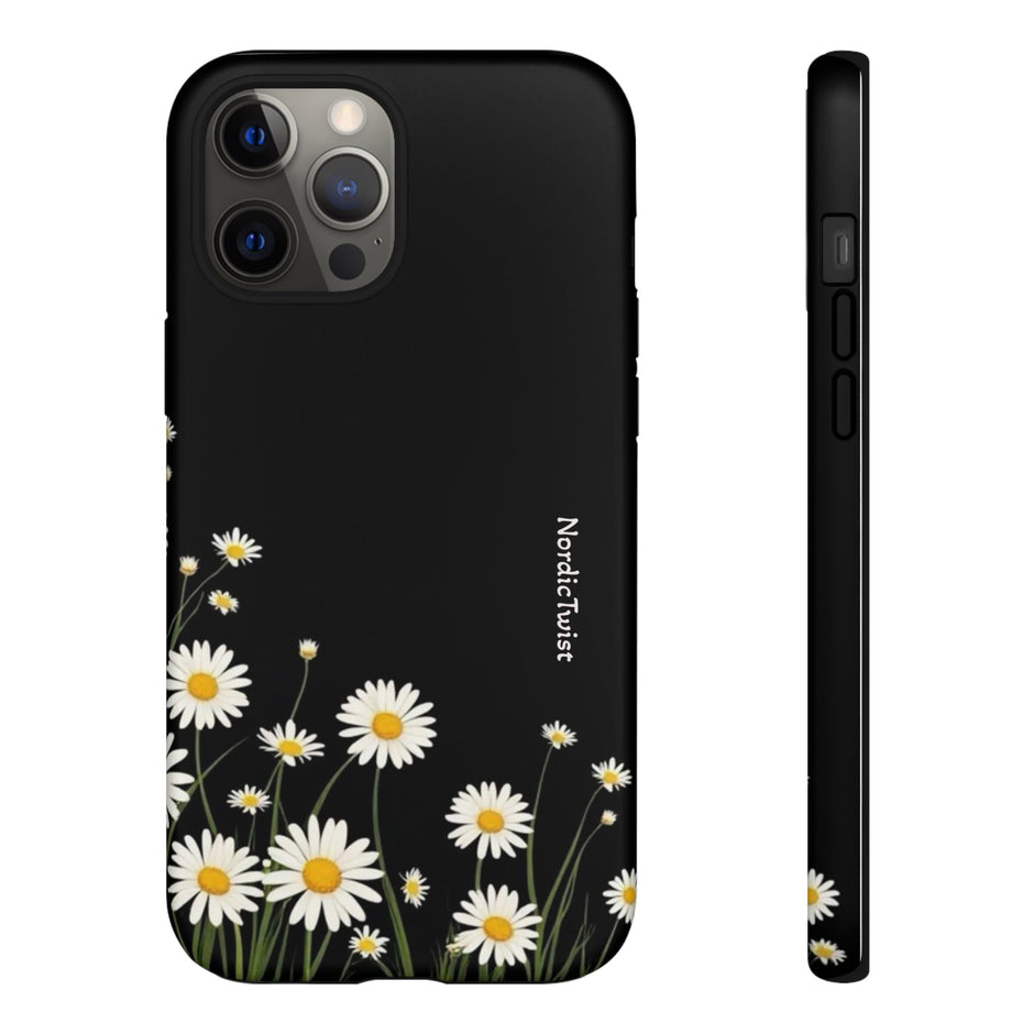 Daisy Floral Tough Phone Case – Protective Black Phone Cover with White Daisies