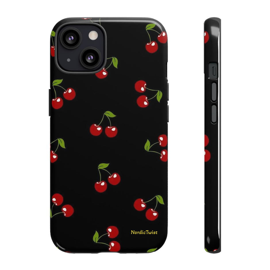 Cherry Pattern Tough Phone Case — Black Retro Cherry iPhone Cover