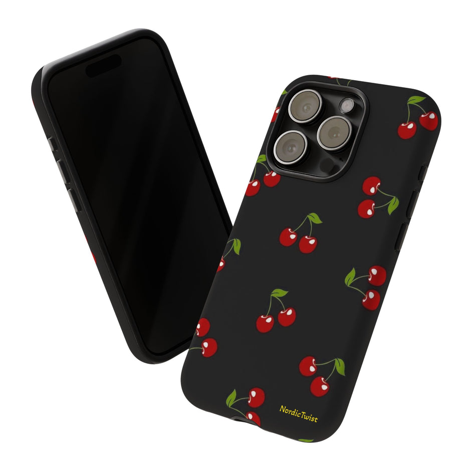 Cherry Pattern Tough Phone Case — Black Retro Cherry iPhone Cover