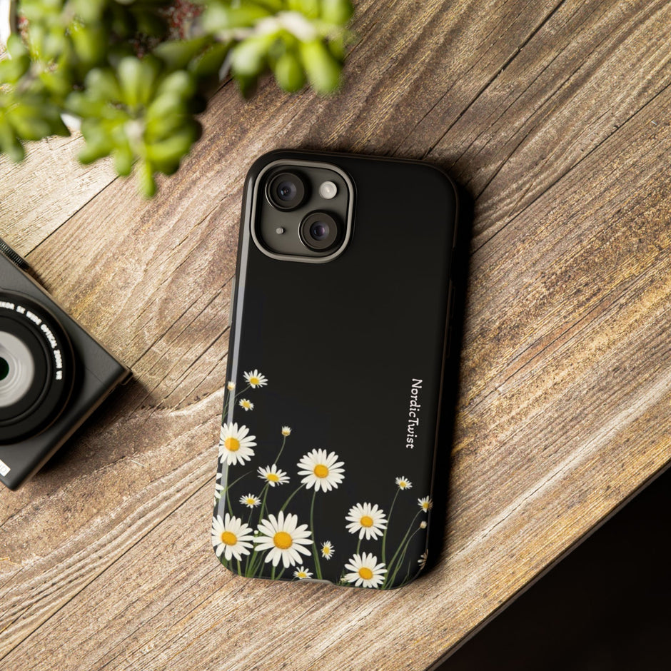Daisy Floral Tough Phone Case – Protective Black Phone Cover with White Daisies