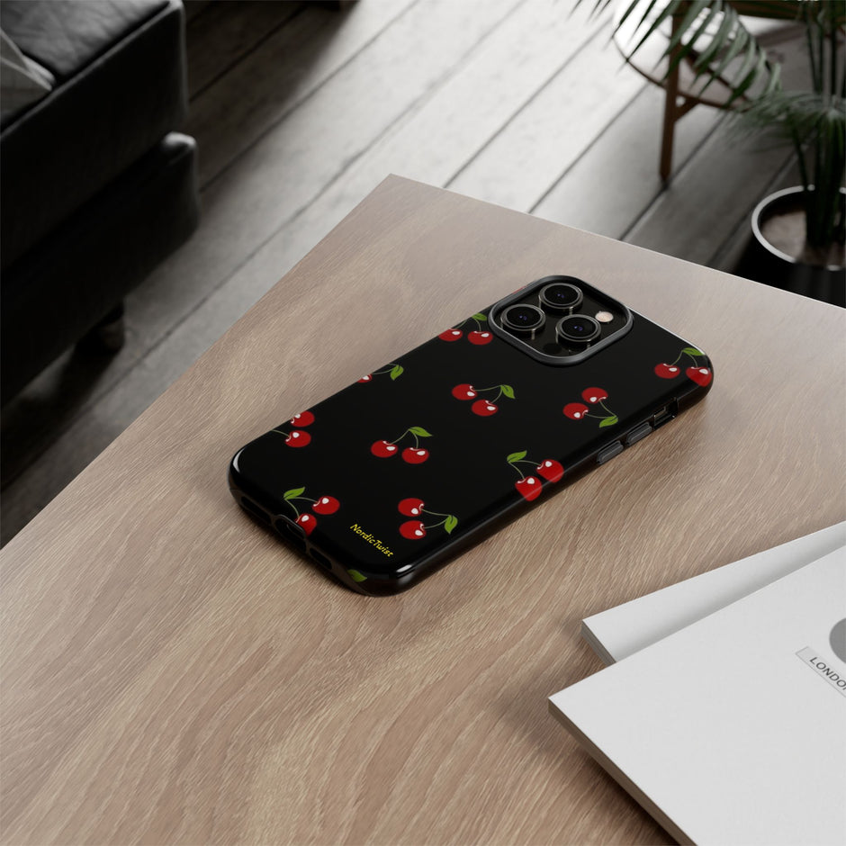 Cherry Pattern Tough Phone Case — Black Retro Cherry iPhone Cover