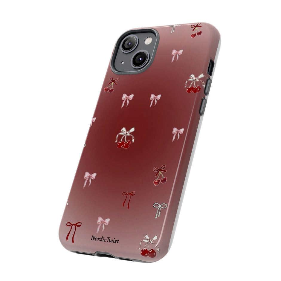 Cherry Bow Phone Case — Cute Red Gradient Protective Cover