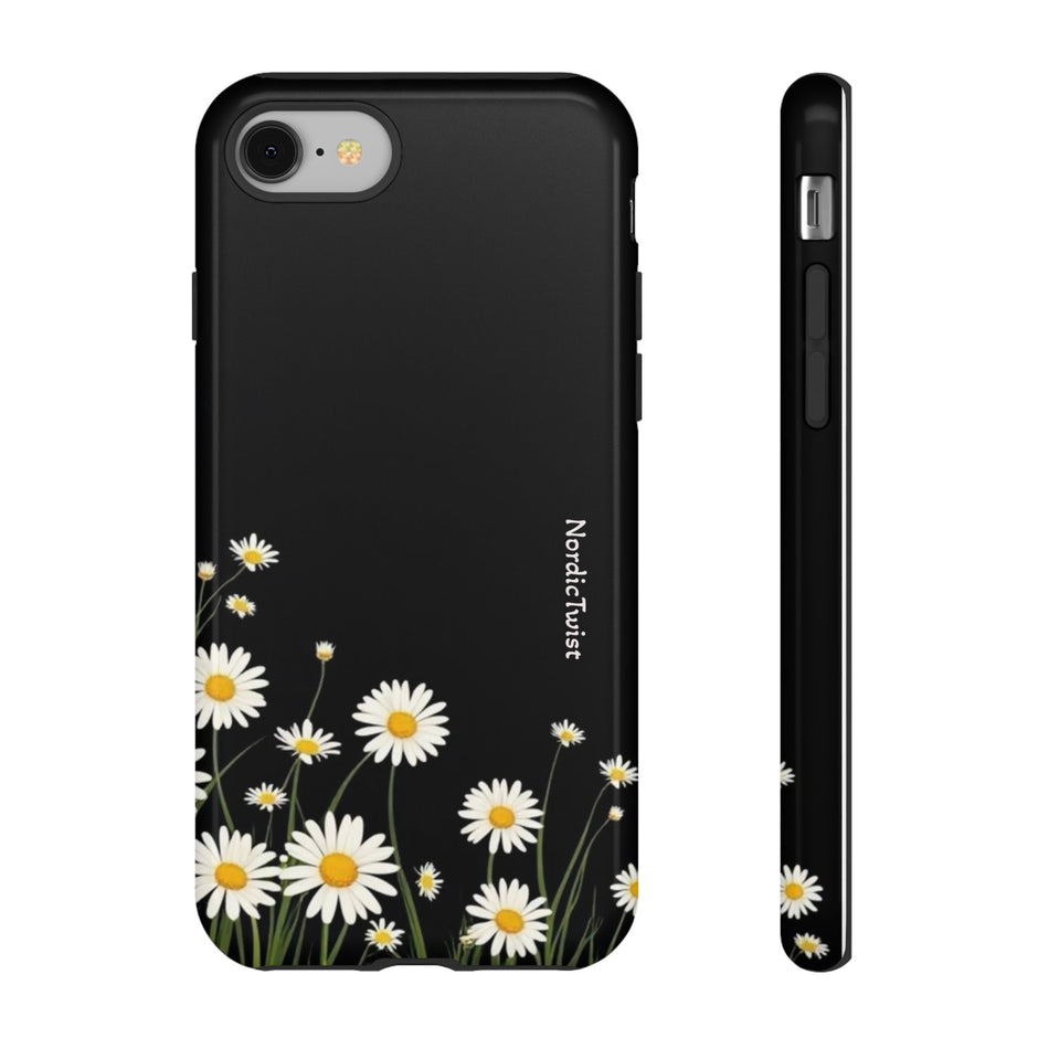 Daisy Floral Tough Phone Case – Protective Black Phone Cover with White Daisies